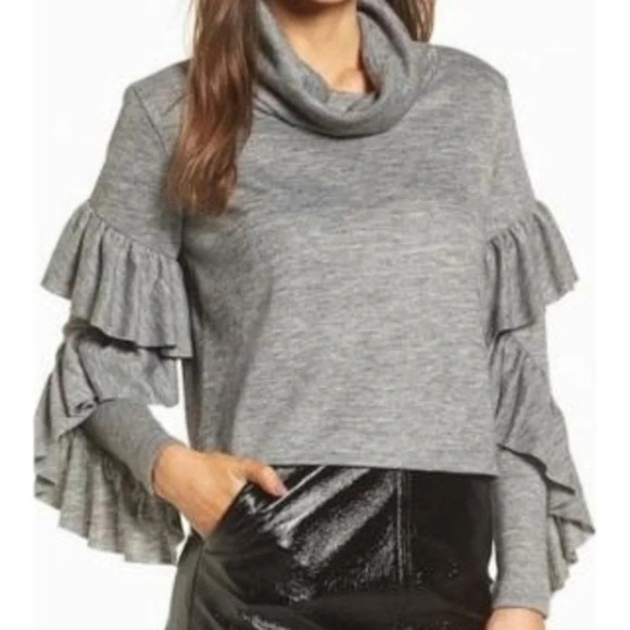 Leith Tops - Leith Sweater Ruffle Sleeve High Low Cowl Neck